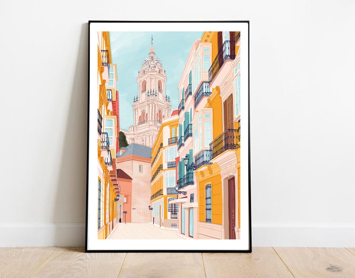 Malaga Spain Street Cathedral Tower Colorful Travel Art Poster