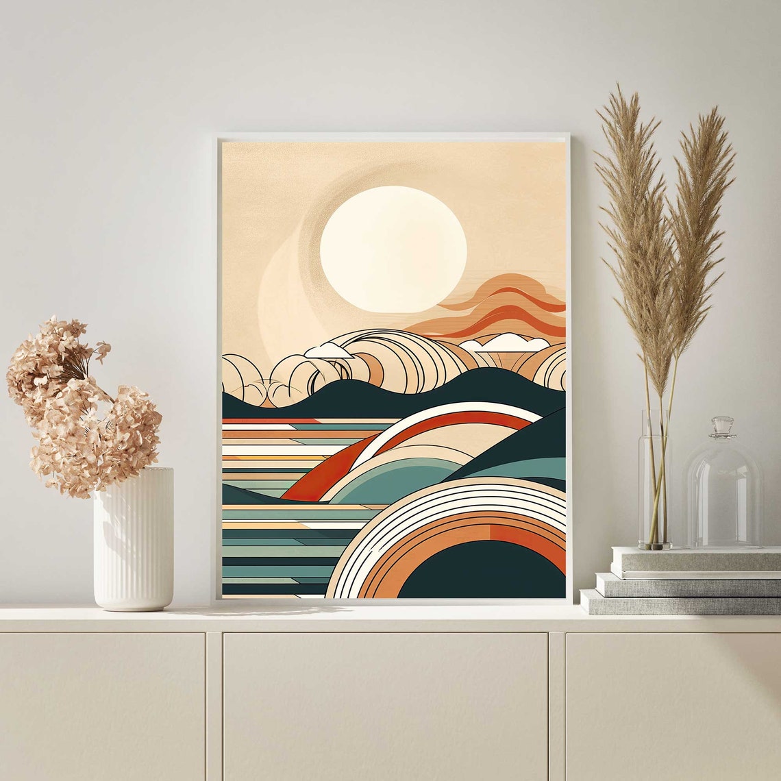 Mid Century Modern Surf Ocean Sunset With Bold Sun Waves Poster - Image 2