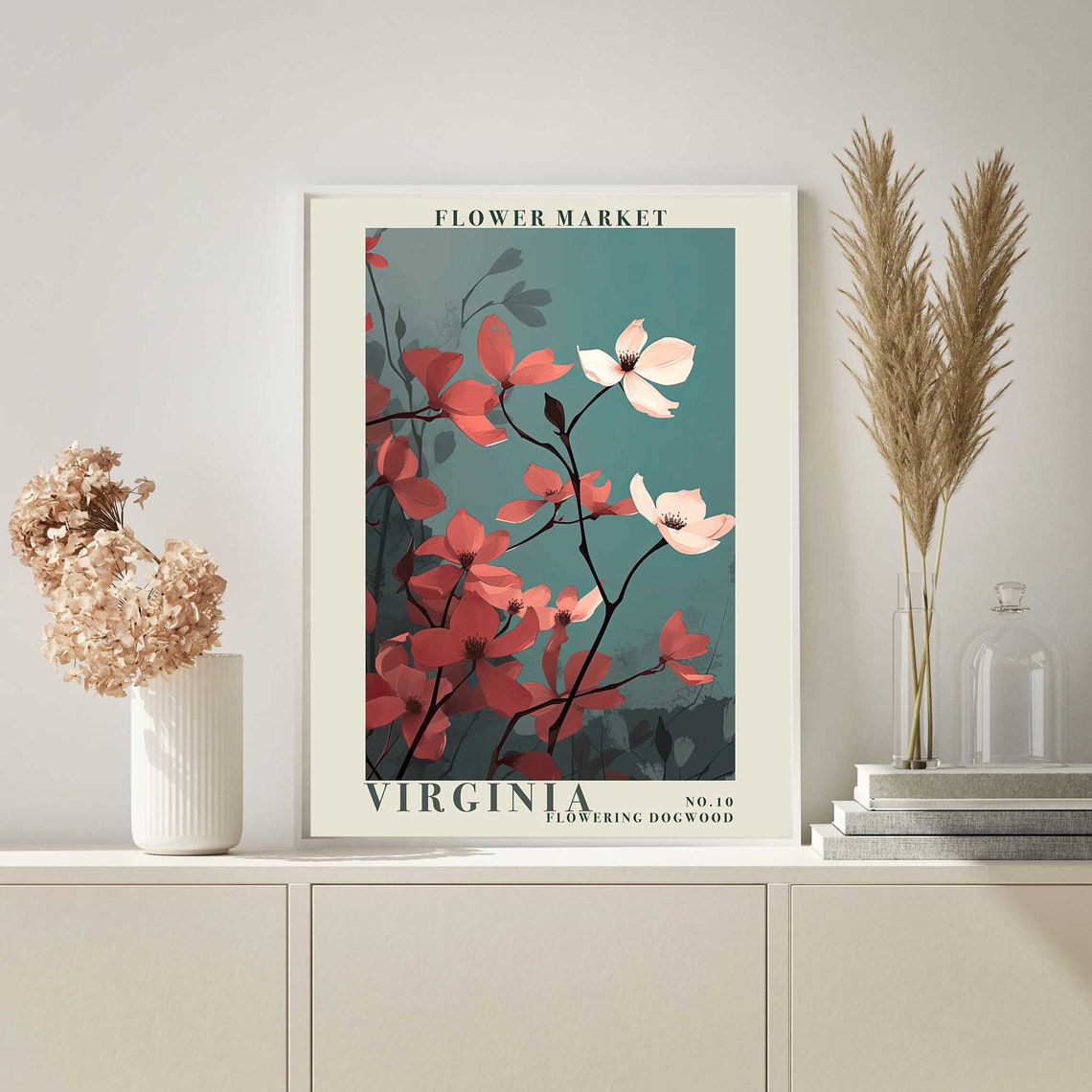 Virginia Flowering Dogwood Coral Blossoms Teal Botanical Poster - Image 4