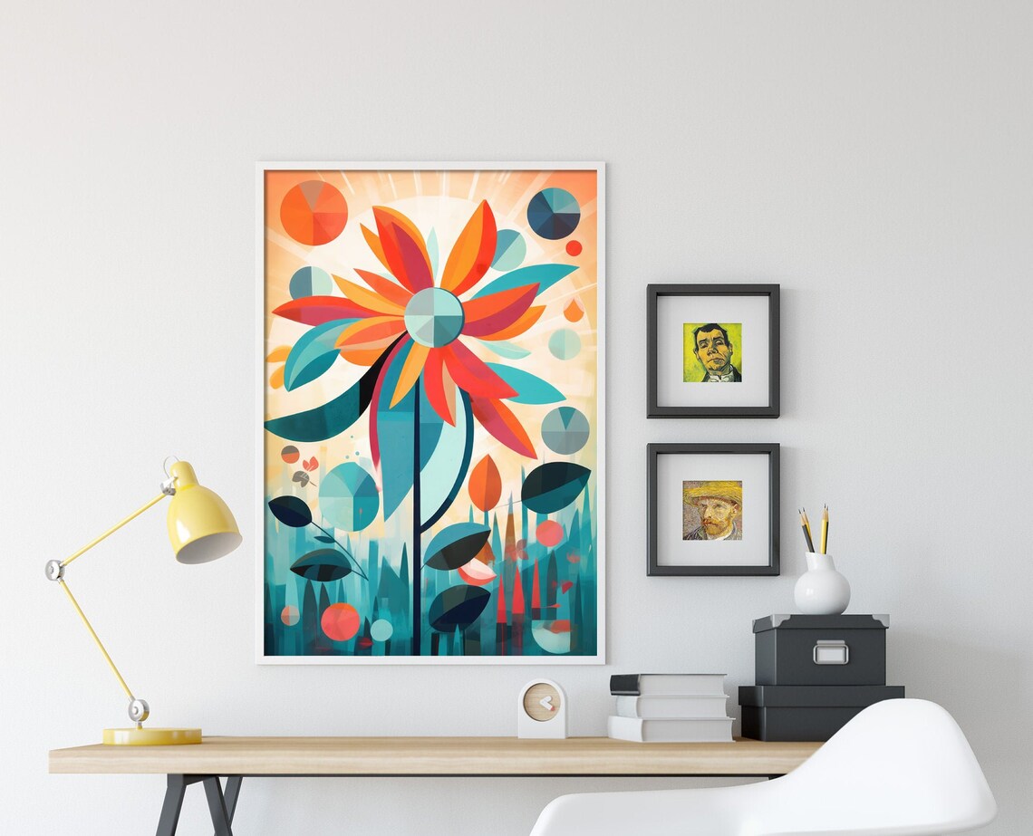 Mid Century Modern Geometric Flower Orange Teal Retro Botanical Print - Image 4