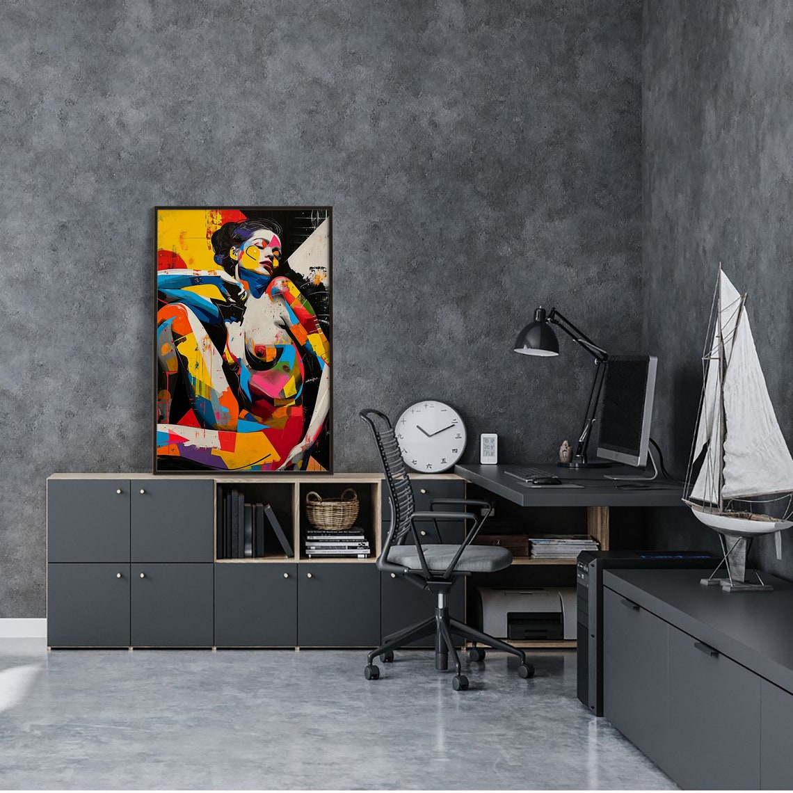 Abstract Nude Painting Art Modern Wall Decor Mondrian Style Art Print Instant Wall Art - Image 3