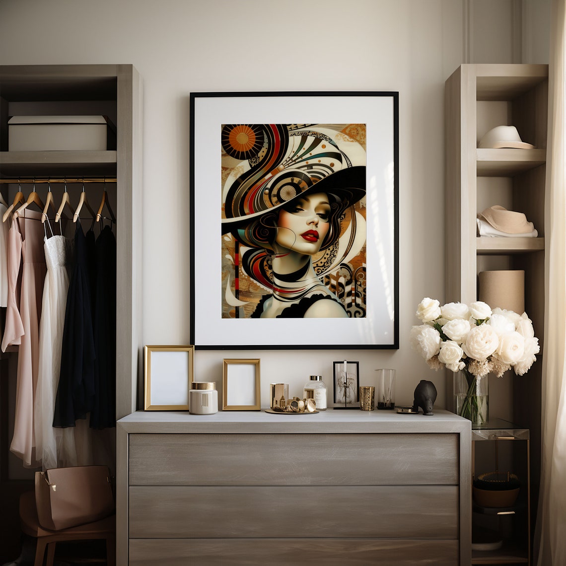 Art Deco Woman Portrait Swirling Hat Black Gold Red Glamour Poster - Image 4