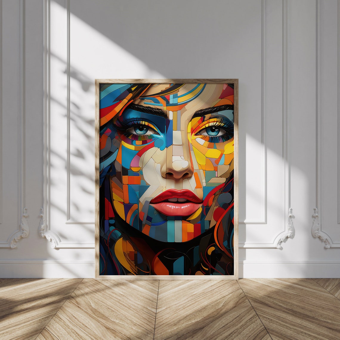 Vibrant Cubist Mosaic Woman Face with Red Lips Closeup Poster - Image 2
