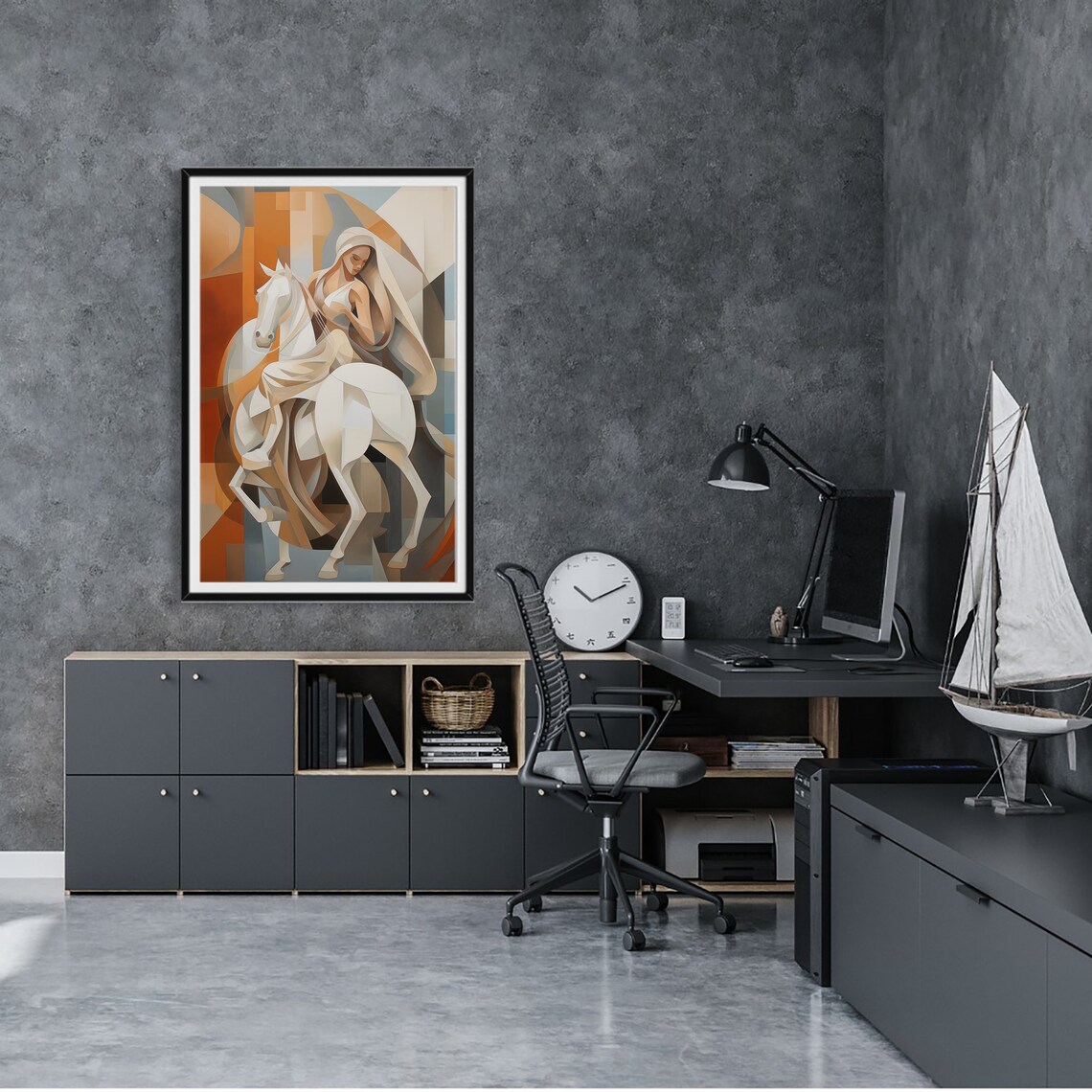 Woman Embracing White Horse Cubist Style Warm Earth Tones Poster - Image 6