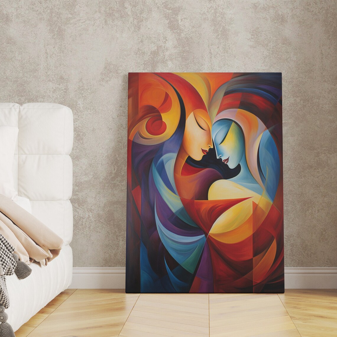 Abstract Embracing Couple in Fiery Red and Deep Blue Art Poster - Image 4