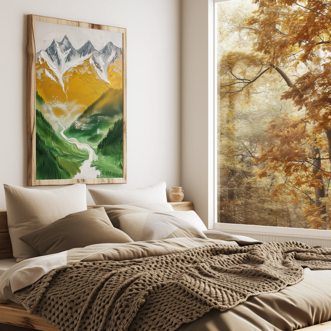 Snow Capped Mountain Peaks Above a Golden Green Valley Poster - Image 6