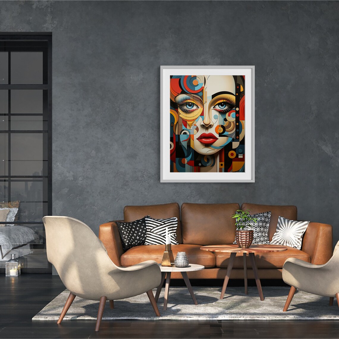 Colorful Cubist Woman Portrait with Blue Eyes and Red Lips Poster - Image 6