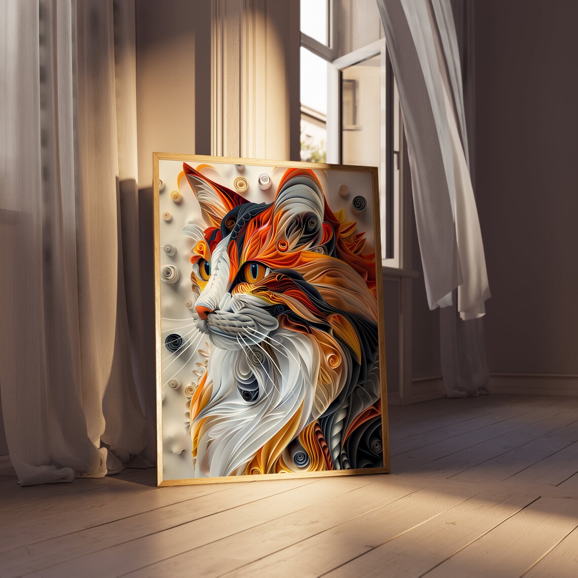 Quilled Paper Art Cat Portrait in Fiery Orange Tones Design Poster - Image 6