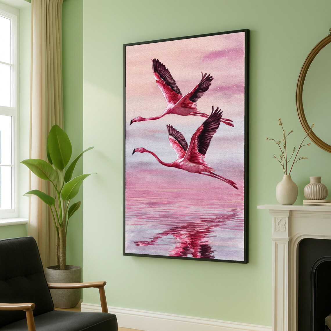 Two Pink Flamingos in Flight Over Blush Watercolor Waters Poster