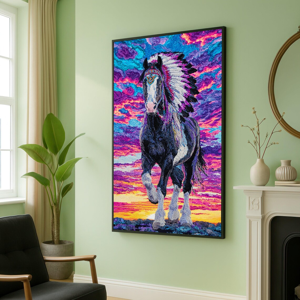 Black Horse Feather Headdress Sunset Western Native Art Poster