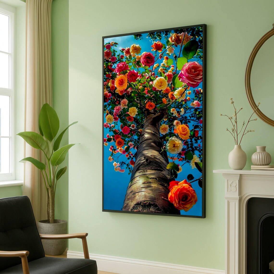 Rose Tree from Below Colorful Blooms Against Blue Sky Garden Poster