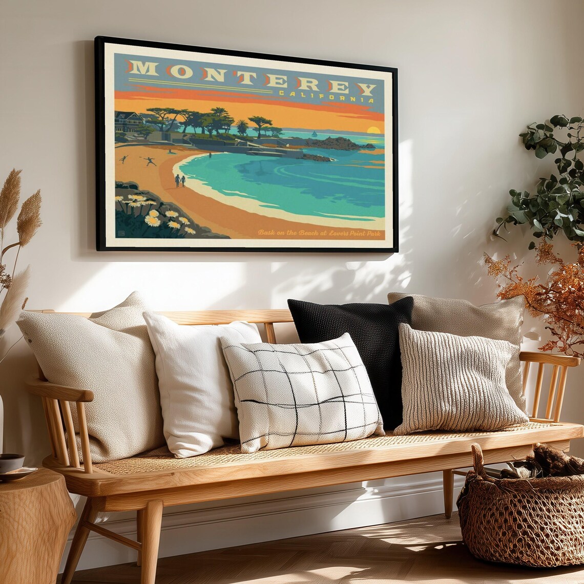 Monterey California Lovers Point Beach Orange Sunset Travel Poster