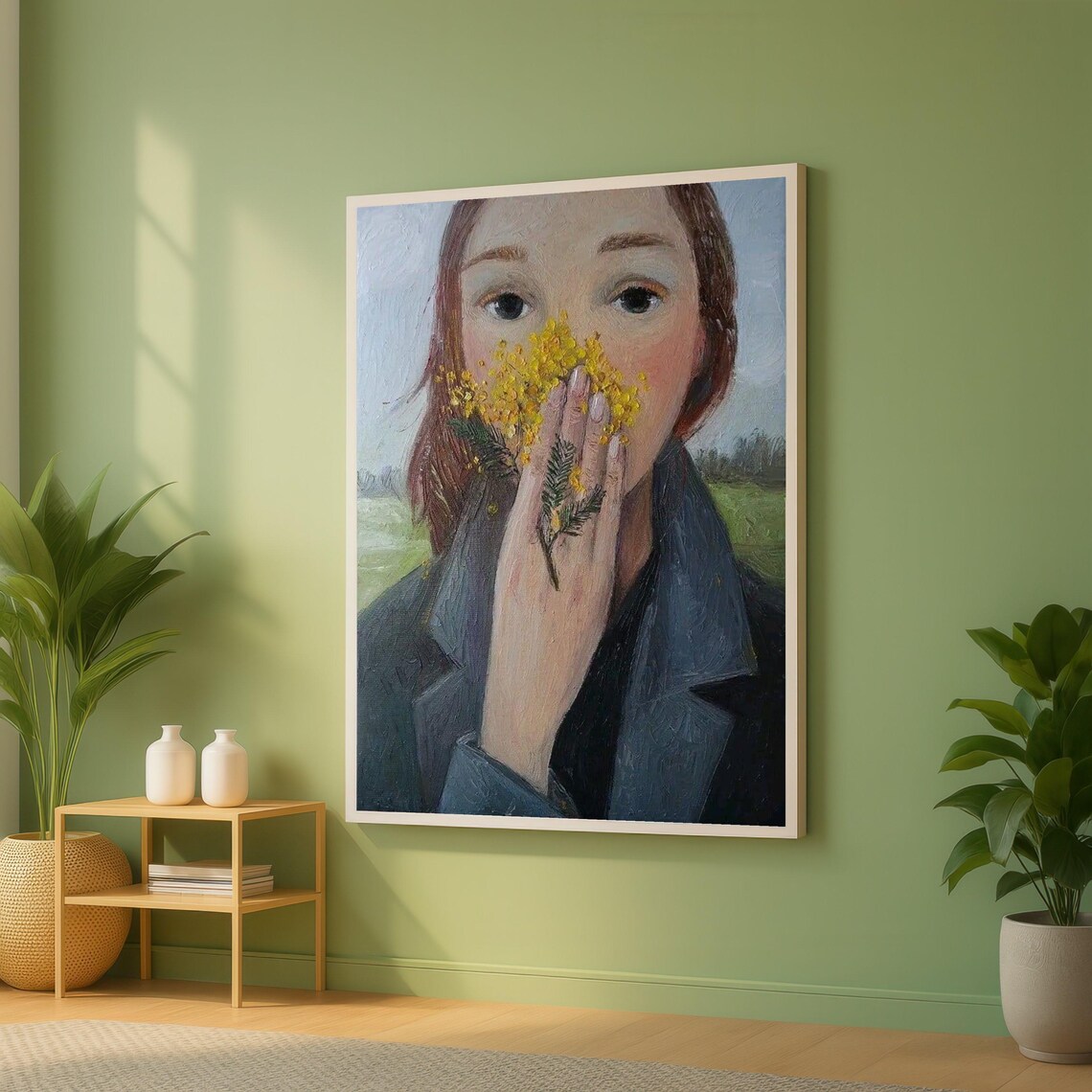 Woman Holding Yellow Mimosa Flowers Near Face Impressionist Poster