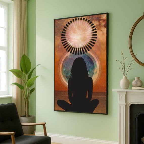 Cosmic Meditation Silhouette Canvas Spiritual Abstract Wall Art Boho Home Decor Yoga Inspiration Mystical Energy Artwork