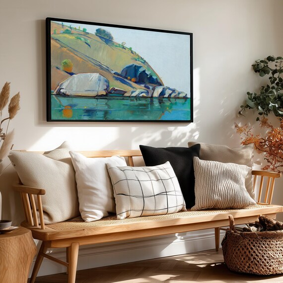 Coastal Rocks and Hills Modern Landscape Seaside Painting Poster