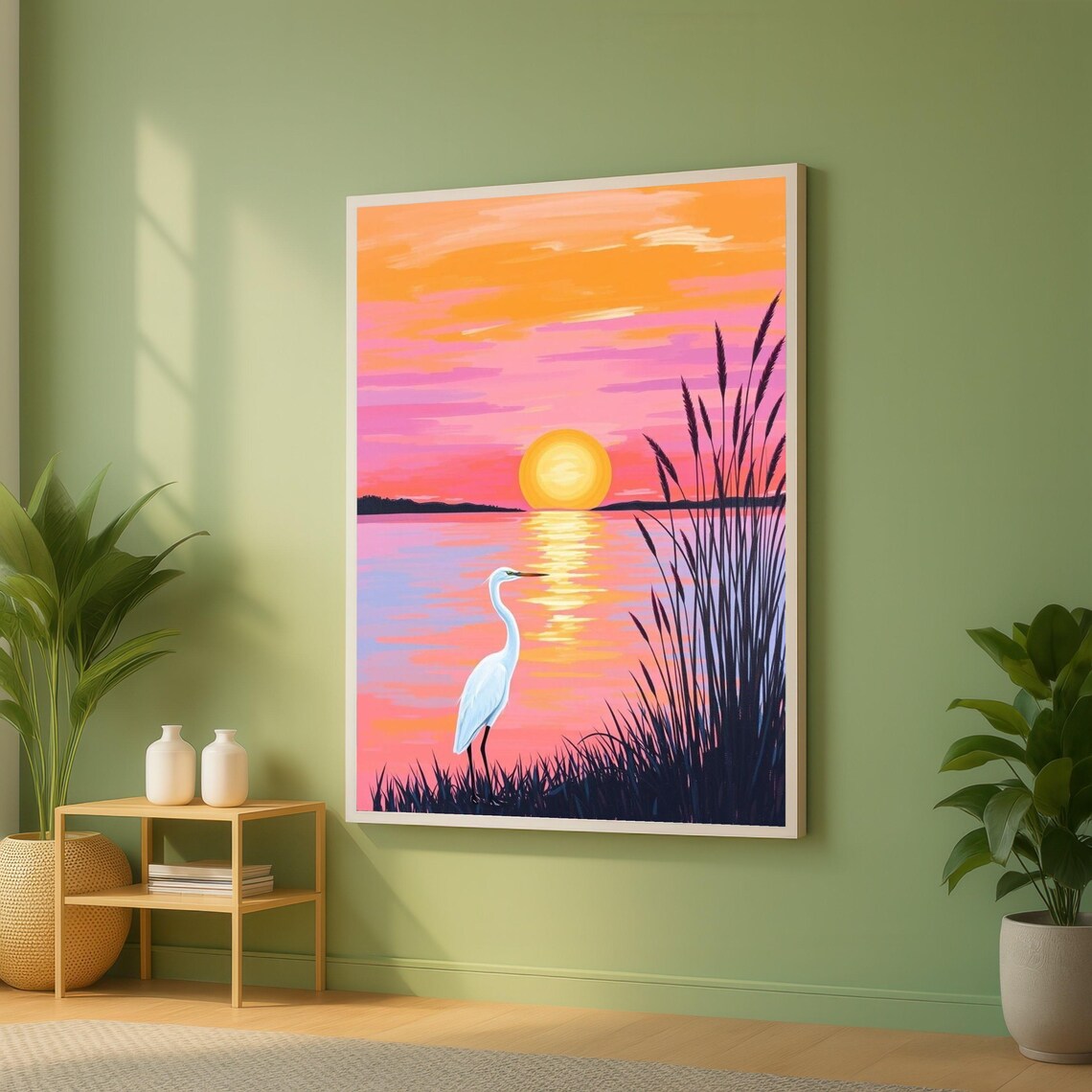 White Egret At Sunset Over Pink Lake With Reeds Wildlife Poster