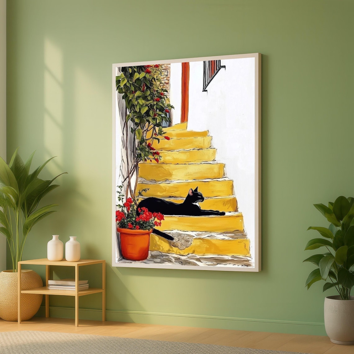 Black Cat On Yellow Steps Mediterranean Floral Canvas Poster