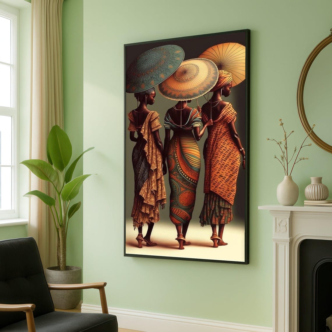 Three African Women Parasols Patterned Dresses Cultural Art Print