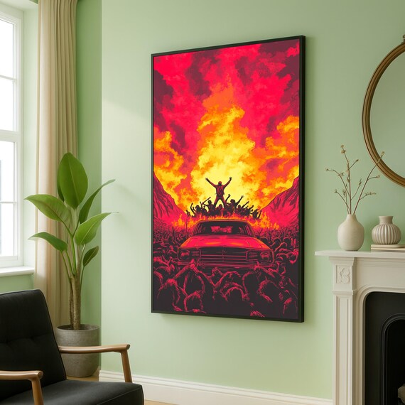 Apocalyptic Zombie Horde Surrounding Car Fiery Red Sky Horror Poster