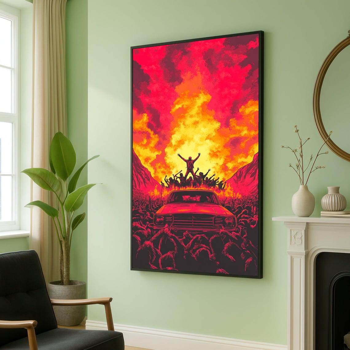Apocalyptic Zombie Horde Surrounding Car Fiery Red Sky Horror Poster