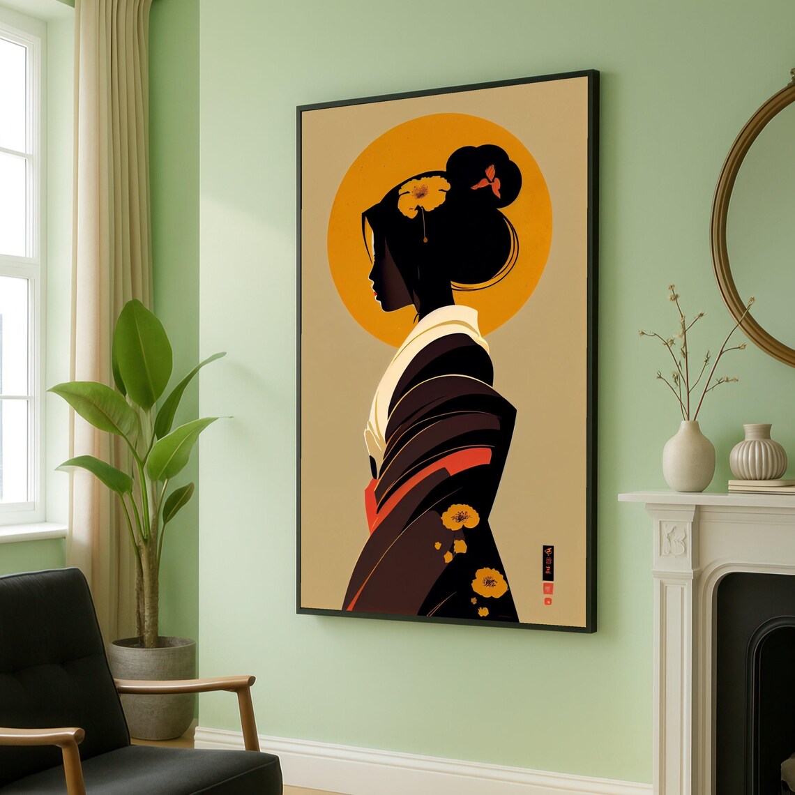 Elegant Geisha Silhouette Kimono Traditional Japanese Wall Art