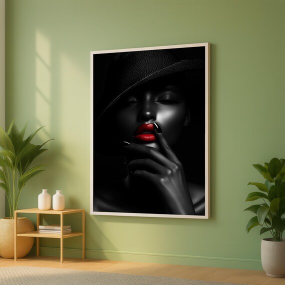 Elegant Woman Portrait Canvas Wall Art Black And Red Makeup Fashion Glamour Photography Modern Home Decor Sexy Lips Nail