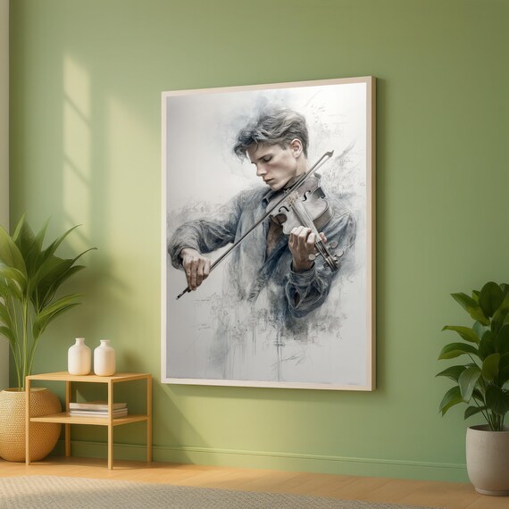 Young Violinist Playing Canvas Wall Art Musical Instrument Portrait Classical Music Decor Artistic Musician Illustration Modern Home