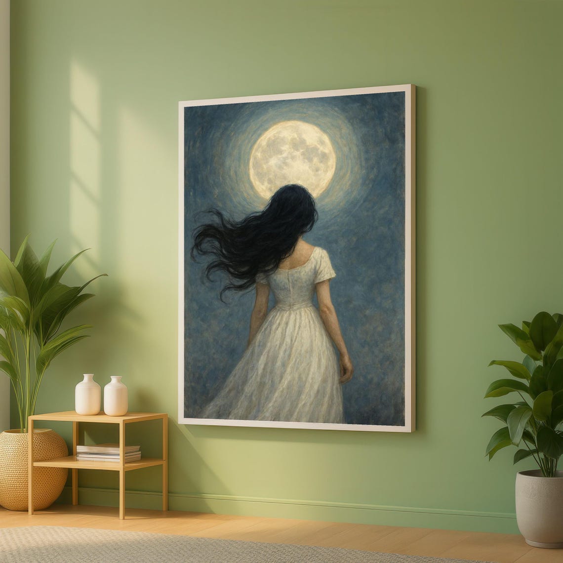 Woman in White Dress Under Full Moon Dreamy Moonlit Night Poster