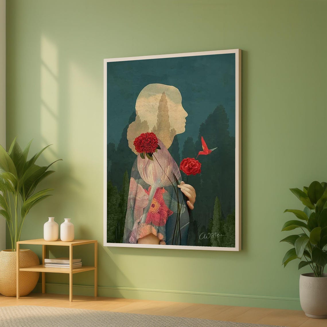 Dreamy Female Silhouette Red Carnation Double Exposure Art Print