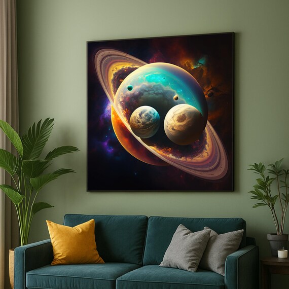 Glowing Ringed Planet and Moons in Cosmic Nebula Space Art Canvas Poster