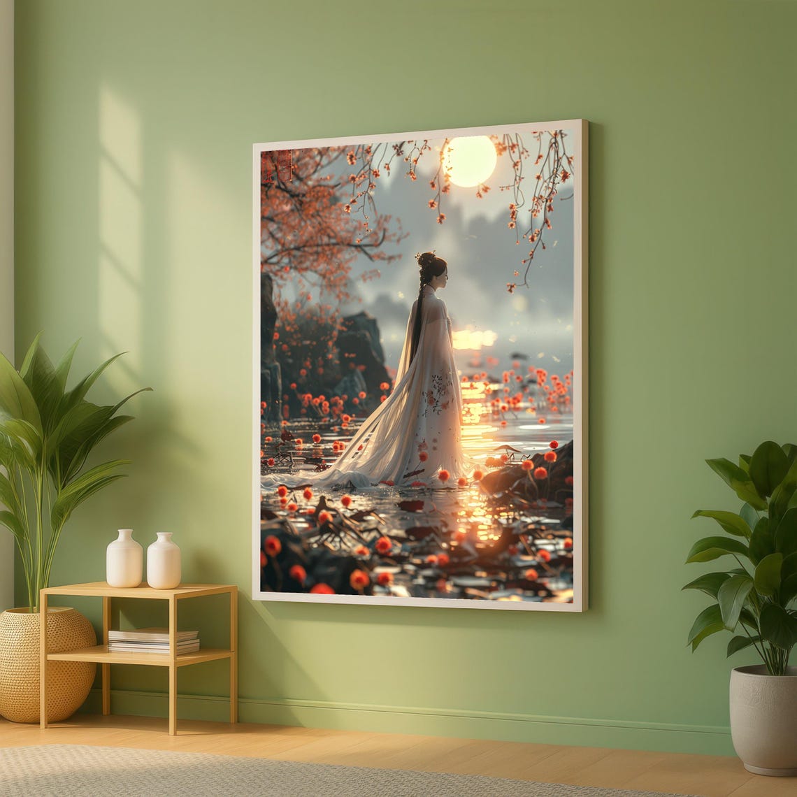 Serene Asian Woman Flowing Robe Cherry Blossom Sunset Scene Wall Art