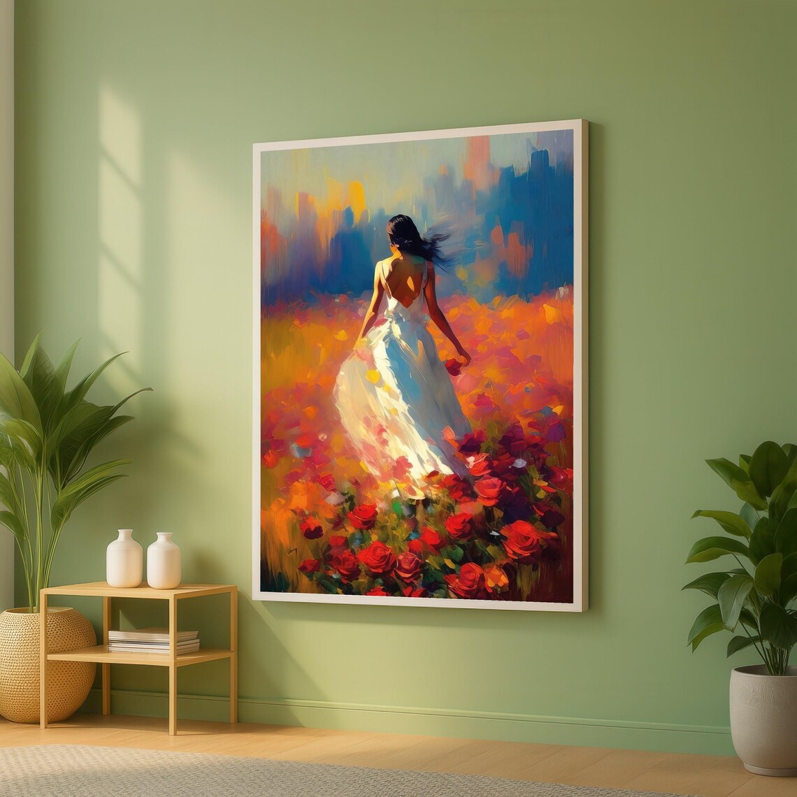 Woman In White Dress Walking Rose Garden Impressionist Painting Poster
