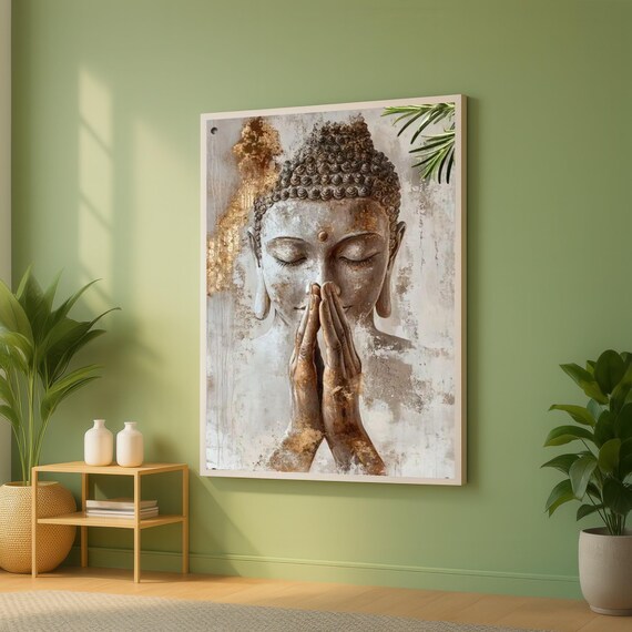 Praying Buddha Gold Grey Spiritual Zen Meditation Art Poster