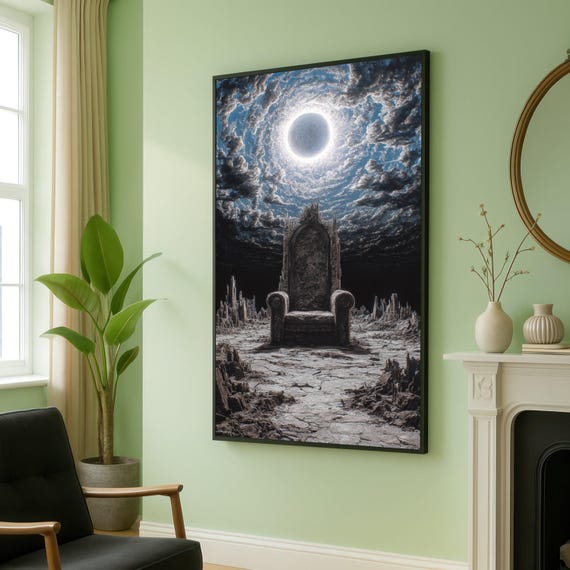 Dark Gothic Throne Canvas Mystic Moonlight Wall Art Fantasy Landscape Surreal Castle Ruins Decoration Dramatic Home Accent