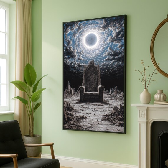 Gothic Throne Under Moonlit Clouds Dark Surreal Fantasy Landscape Poster