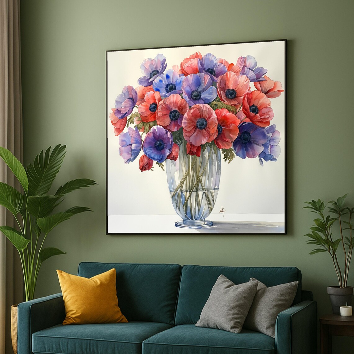 Vibrant Anemone Flower Bouquet In Glass Vase Watercolor Poster