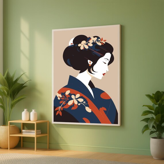 Elegant Geisha Portrait Canvas Japanese Woman Wall Art Asian Culture Illustration Home Decor Contemporary Hanging