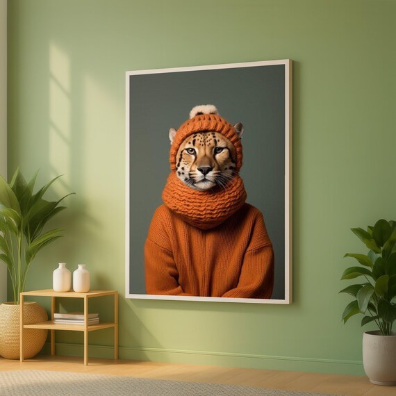 Cheetah In Orange Knit Beanie Cozy Winter Animal Portrait Poster