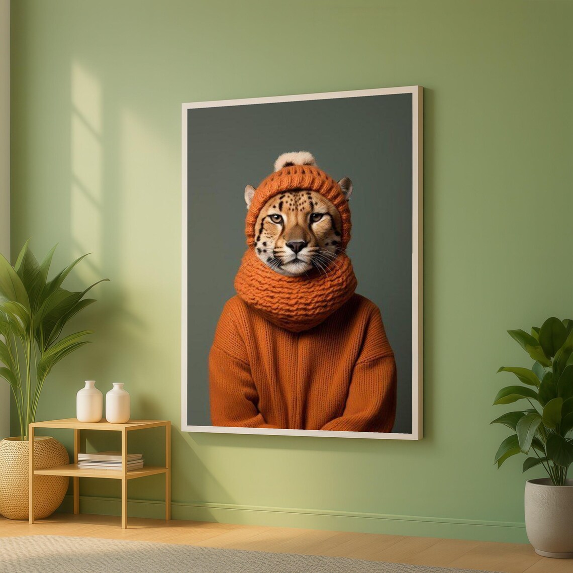 Cheetah In Orange Knit Beanie Cozy Winter Animal Portrait Poster