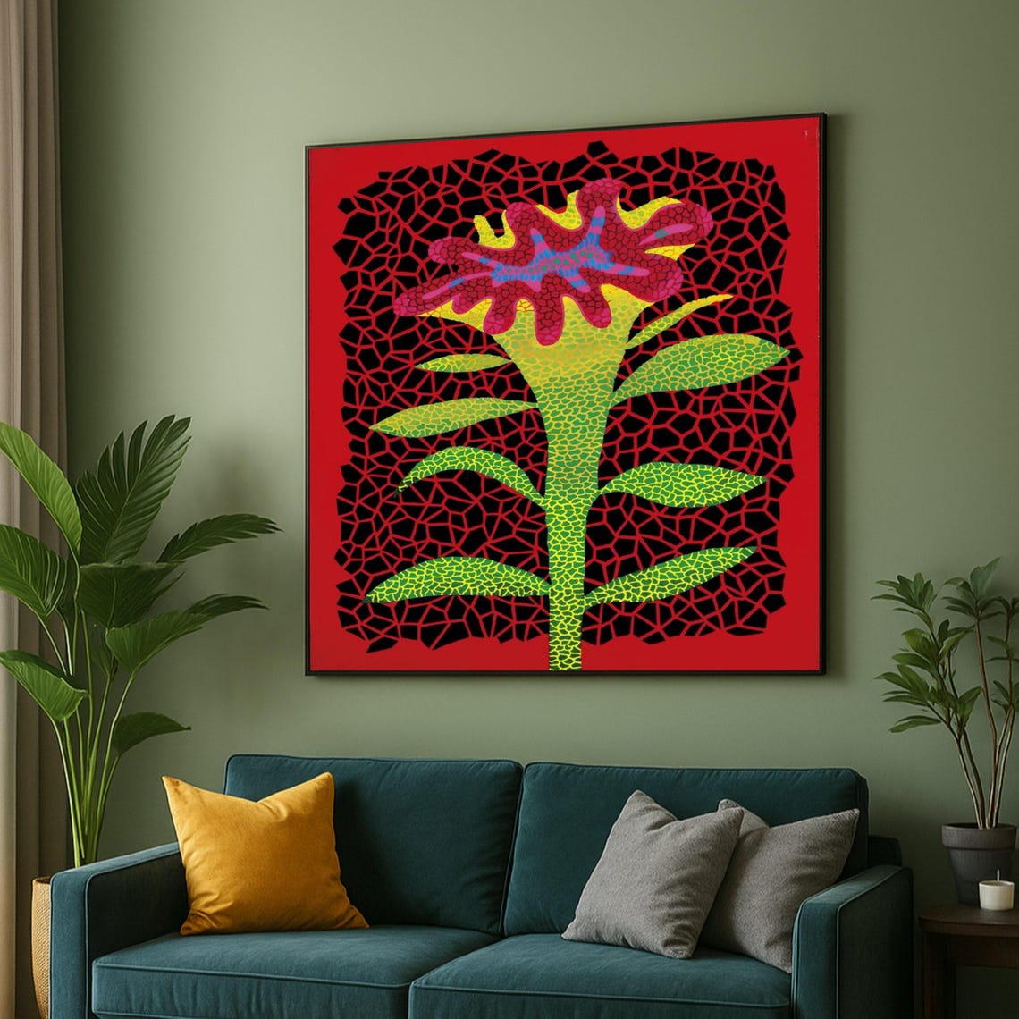 Bold Red Abstract Flower Poster with Green Leaves and Net Pattern