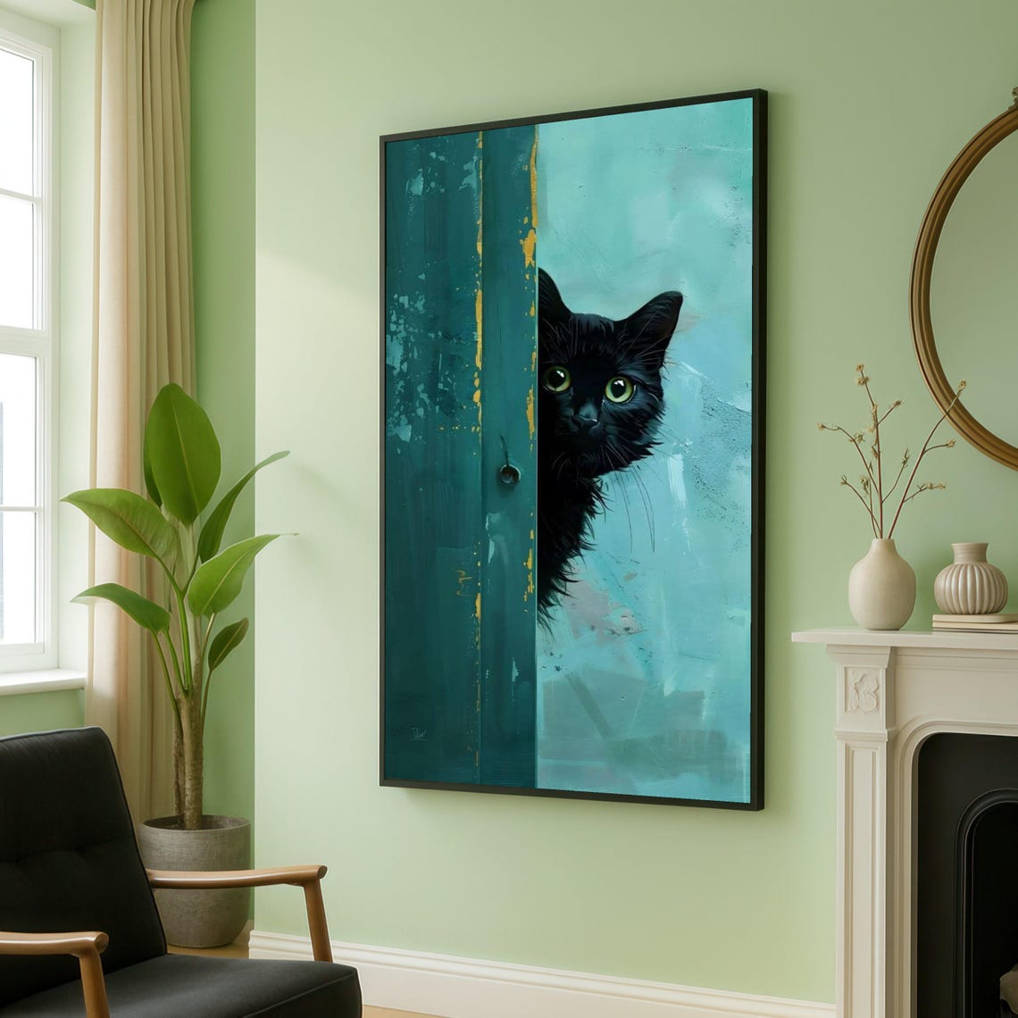 Curious Black Cat Peeking Around Blue Door Painterly Wall Poster