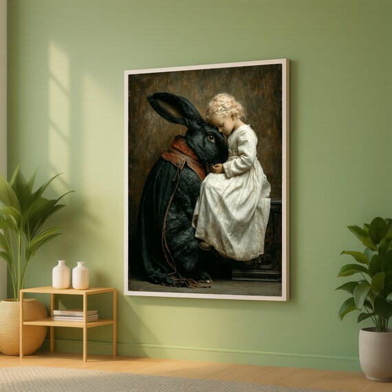 Enchanted Child and Giant Black Rabbit Whimsical Fantasy Art Poster