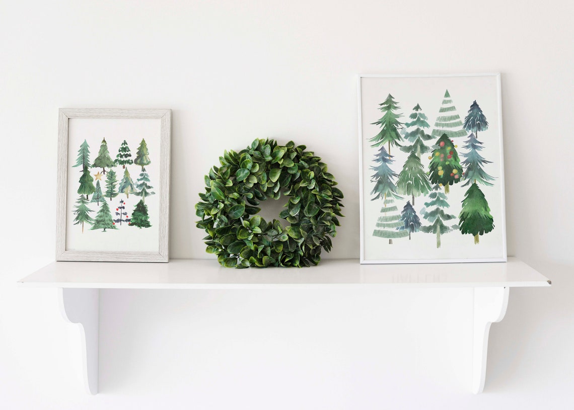 Watercolor Christmas Trees Group Holiday Winter Evergreen Art Print - Image 2