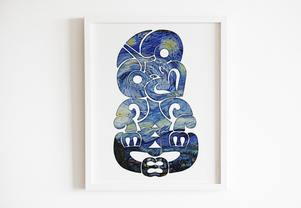 Tiki Mask Filled With Starry Night Swirls Blue Tribal Art Poster - Image 3