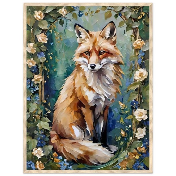 Majestic Fox With Flowing Tail And Vines Framed Poster Matte Paper With Pine Wood Frame Ready To Hang