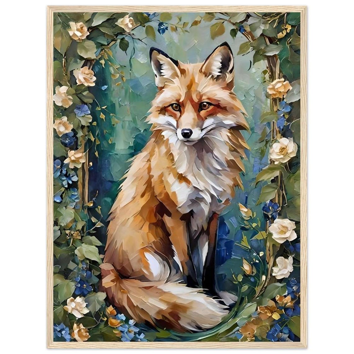 Majestic Red Fox With Flowers and Vines Botanical Portrait Poster