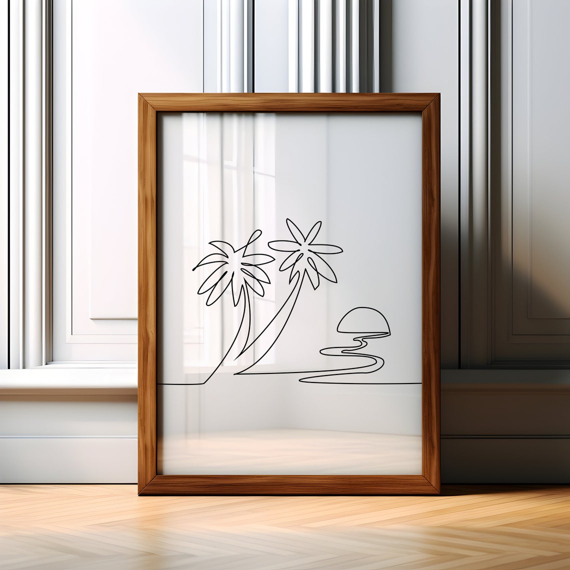 Palm Trees Single Line Art with Rising Sun Beach Decor Poster