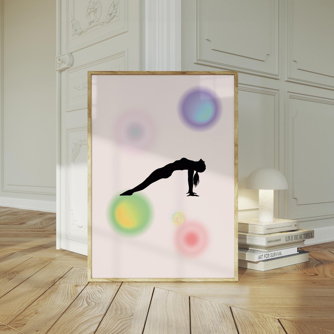 Yoga Plank Silhouette Pastel Aura Circles Mindful Studio Poster