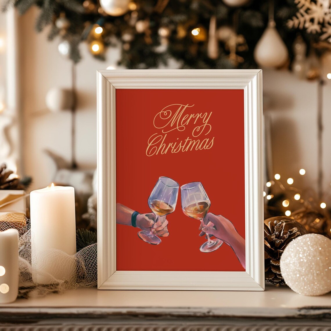 Merry Christmas Wine Cheers Festive Red Holiday Party Print Gift