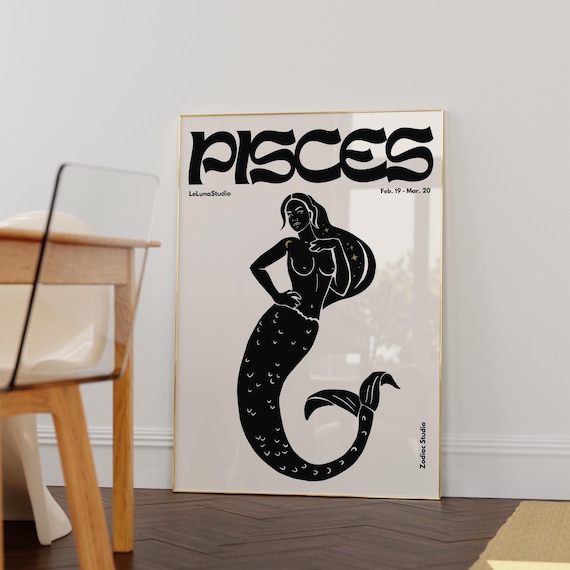 Pisces Zodiac Mermaid Silhouette Black Retro Star Sign February Poster